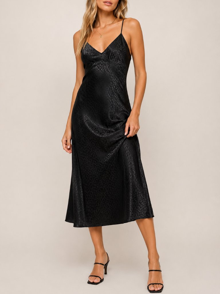 Black Satin Slip Midi Dress Animal Print Quiet Luxury Wedding Guest S